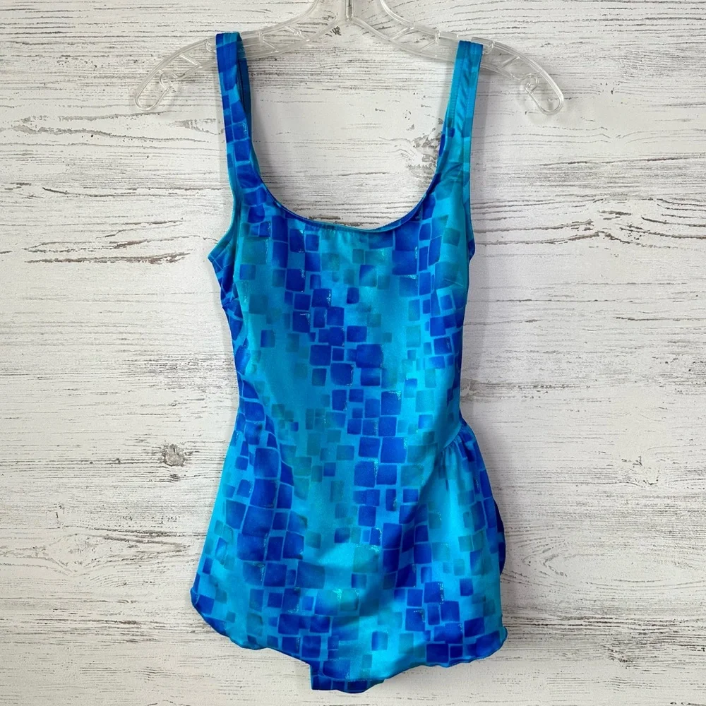 VINTAGE 80s JANTZEN Geometric Metallic Skirted One Piece Swimsuit Made in USA